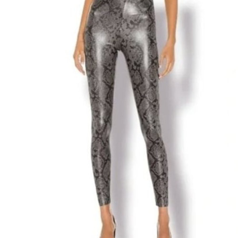 7 For All Mankind Faux Vegan Leather Leggings Snake Print Shiny Taupe/Brown SM